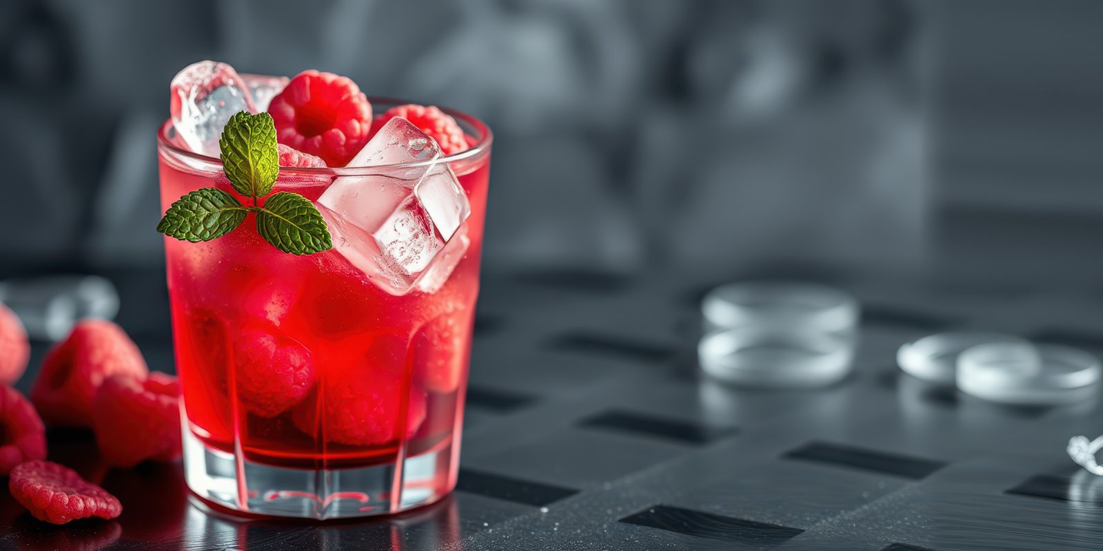 Refreshing raspberry drink with mint and ice served in a glass on a dark table